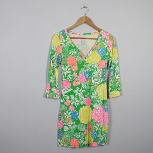 Lilly Pulitzer Floral V-Neck Shift Dress XXS Green 100% Pima Cotton Resort 192